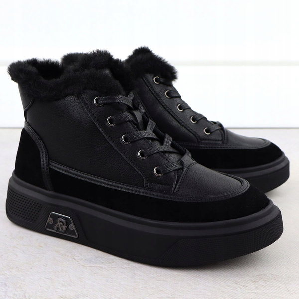 Botki damskie sneakersy ocieplane ze skóry naturalnej czarne