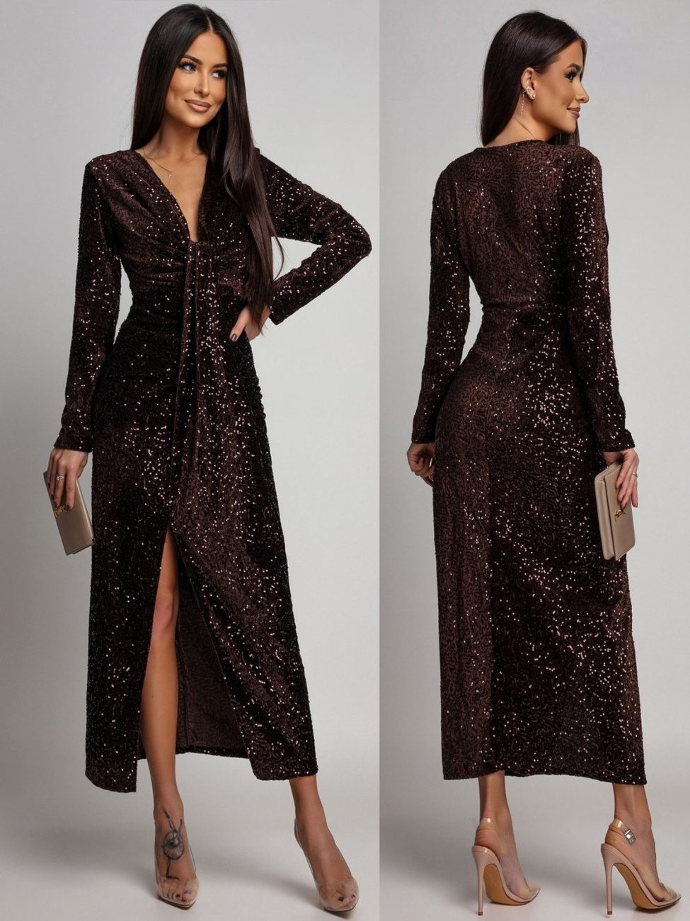 Elegancka Maxi Sukienka Cekinowa Wiola z długim rękawem czekoladowa