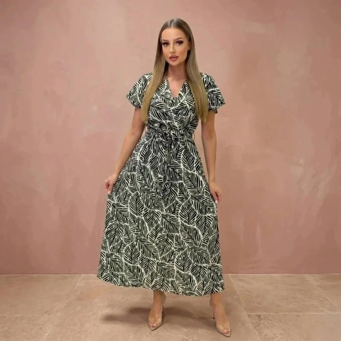 Sukienka maxi letnia w liście czarno-biała zwiewna z dekoltem V wiązana