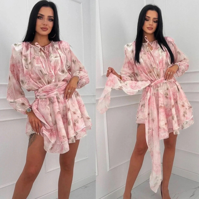 Sukienka Szyfonowa Kwiaty Różowa Elegancka Falbany Wesele Romantyczna