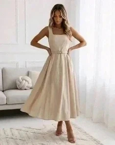 Sukienka maxi letnia na ramiączkach z paskiem beżowa bawełniana