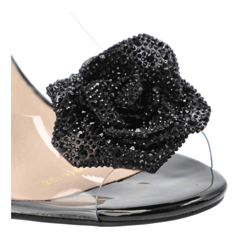 Sandały damskie na wysokim obcasie z ozdobą eleganckie ze sprzączką transparentne-czarne