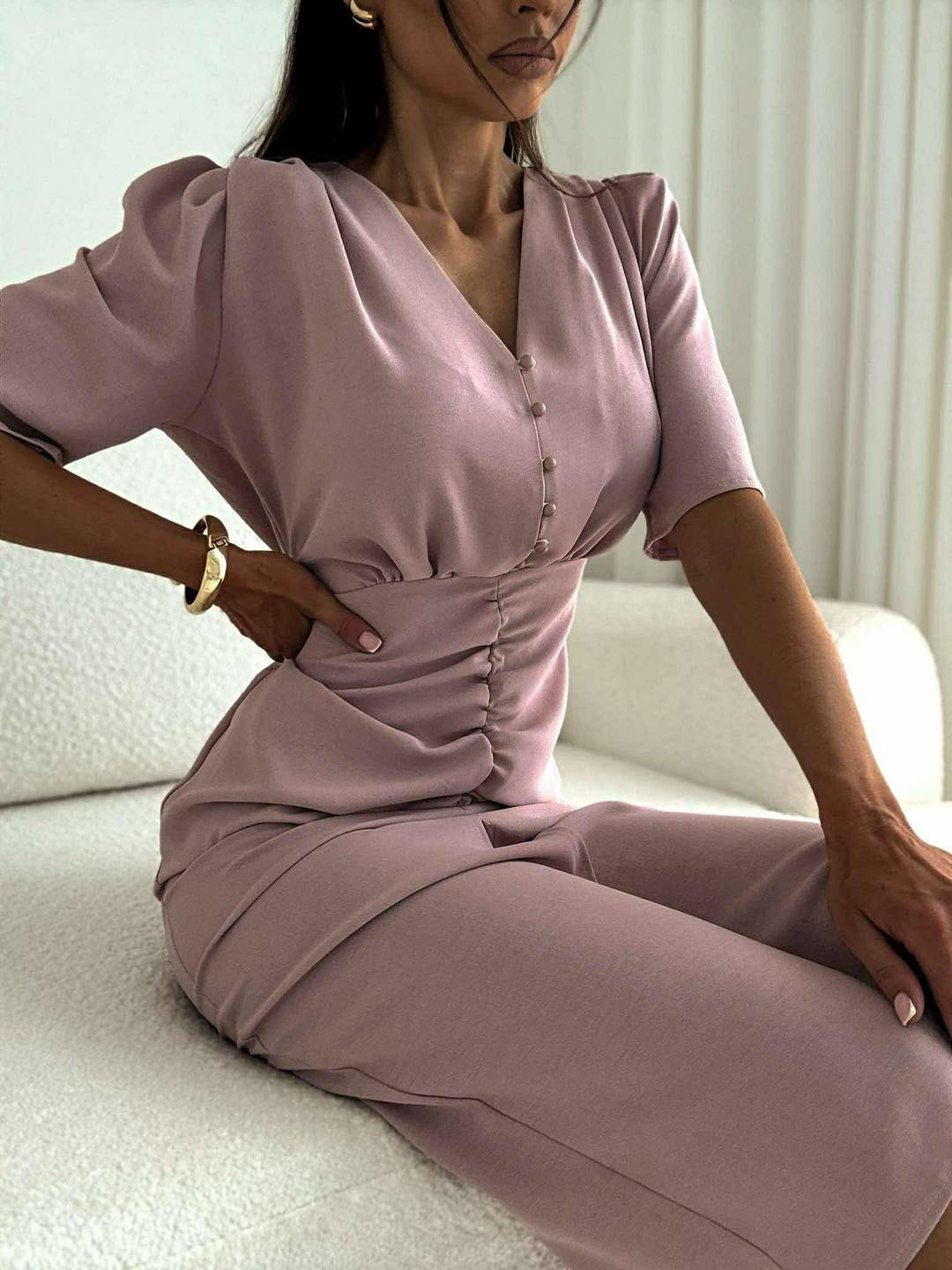 Elegancka midi SUKIENKA Z WISKOZĄ  VENEZIA PUDROWA