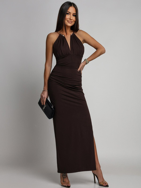 ELEGANCKA SUKIENKA MAXI  ZE ZDOBIENIEM Yoko czekoladowa