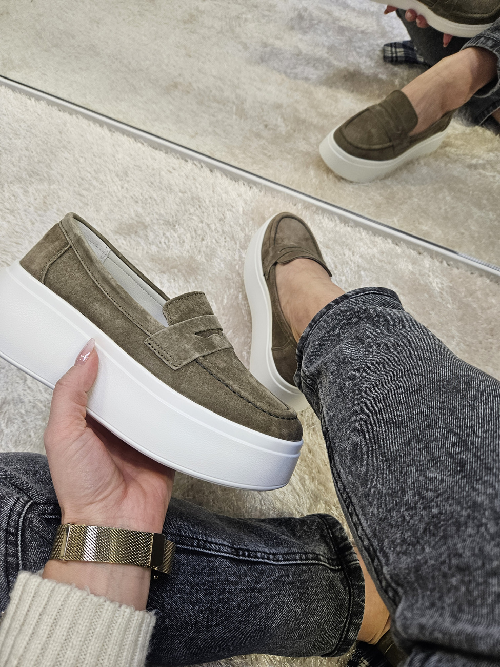 Mokasyny damskie na platformie ze skóry naturalnej khaki