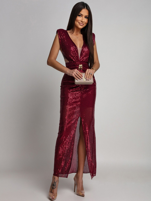 CEKINOWA SUKIENKA MAXI Z BIŻUTERYJNYM ZDOBIENIEM Zuzanna bordowa