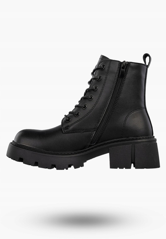 Botki damskie ze skóry naturalnej wysokie sznurowane na klocku czarne