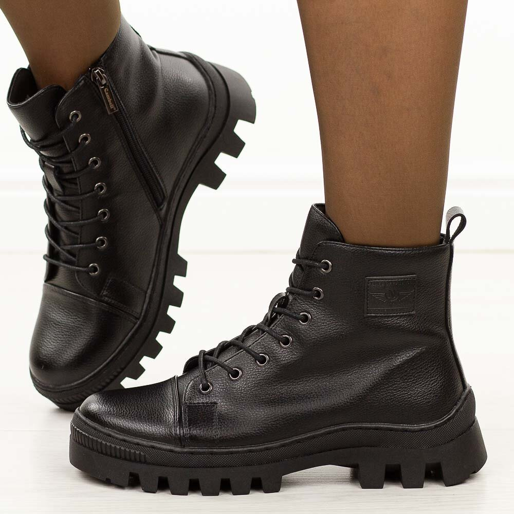 Botki damskie Czarne skórzane trzewiki ocieplane trapery - czarne