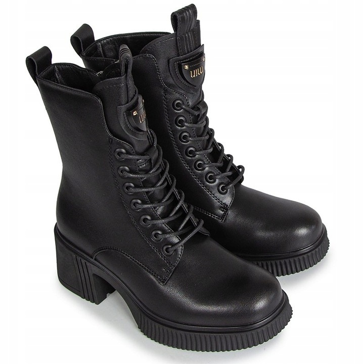 Botki damskie ze skóry naturalnej wysokie sznurowane na klocku czarne