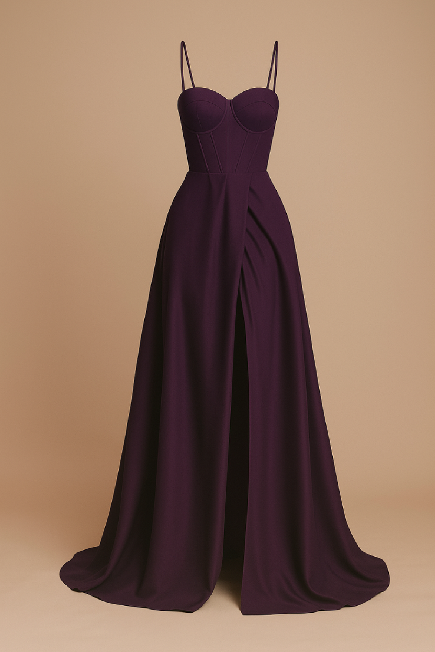 Elegancka MAXI Sukienka satynowa EMMA bakłażan