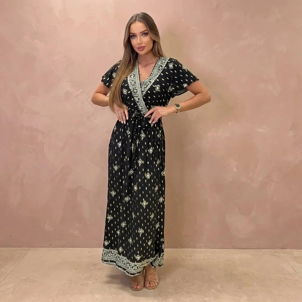 Sukienka maxi boho czarna orientalny wzór dekolt V letnia elegancka damska