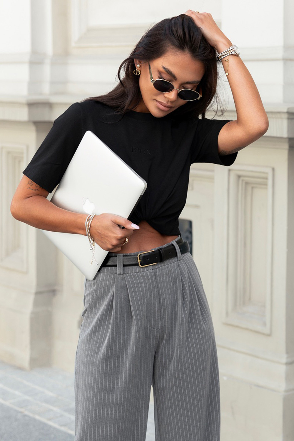 Szare Szerokie Spodnie W Paski Lilou