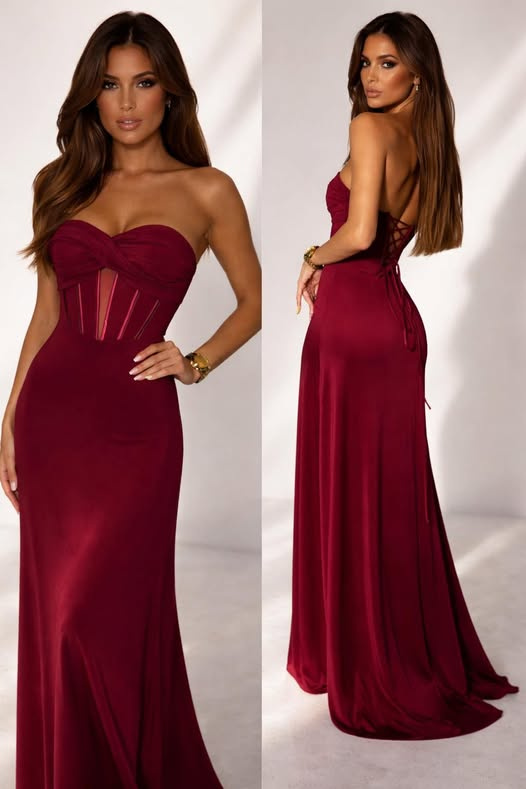 Elegancka Sukienka gorsetowa maxi Wasabi bordowa
