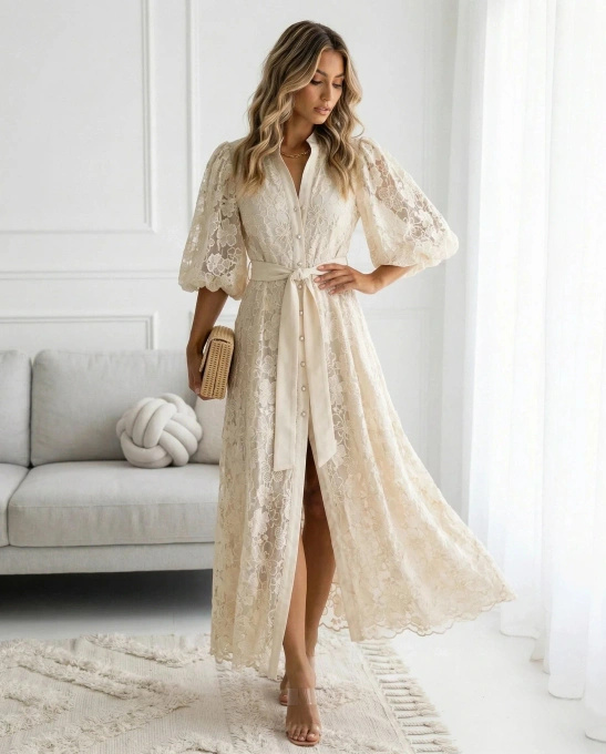 Sukienka koronkowa maxi DEDUCE elegancka na wesele z bufkami i paskiem