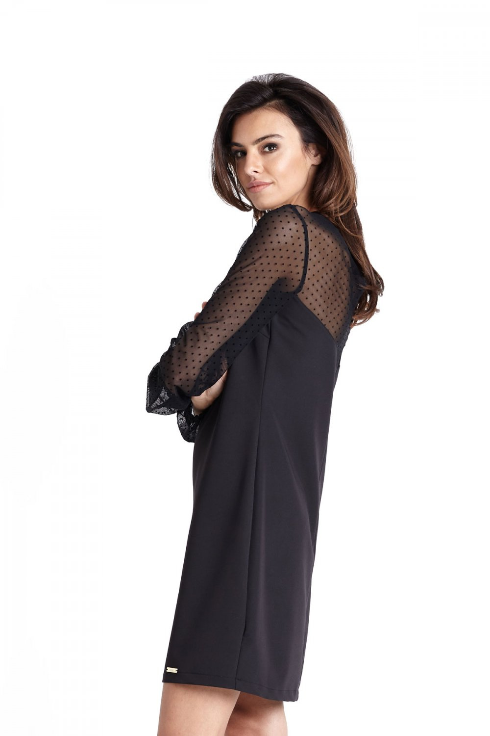Trapezowa  Daniela Mała Czarna Wizytowa Sukienka W Grochy
