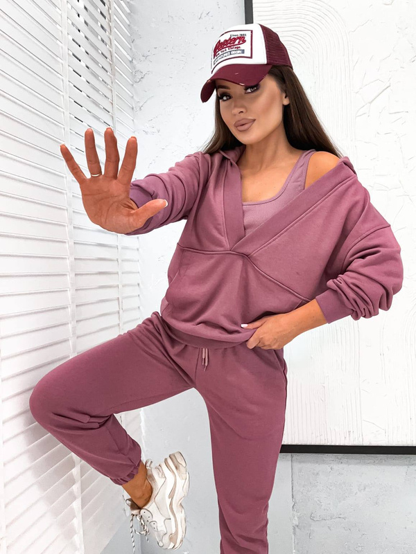 Komplet dresowy set +top bluza z kapturem i spodnie jagodowy