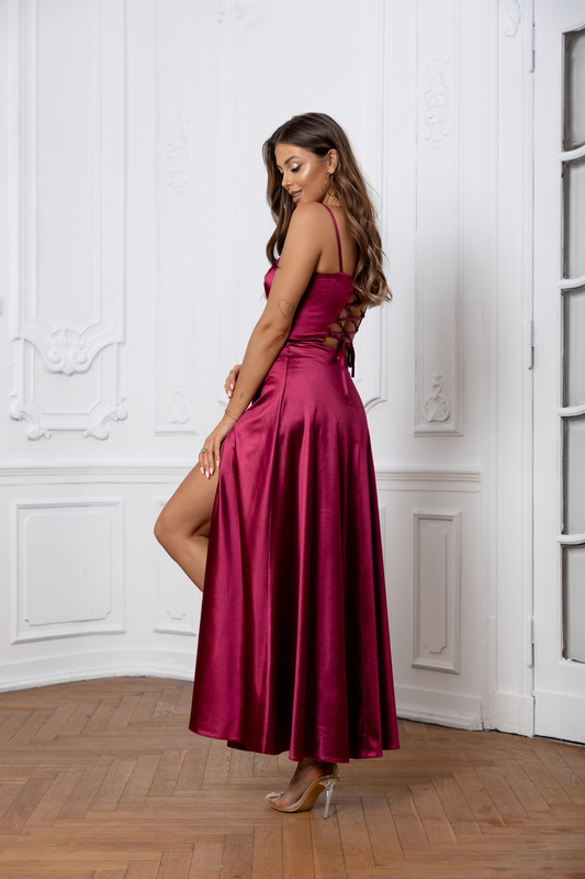 ELEGANCKA SUKIENKA MAXI Satynowa Nel- bordowy