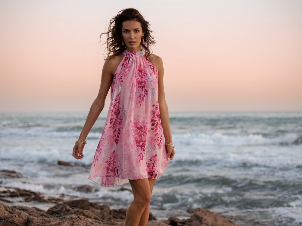  Liv Różowa Elegancka Mini Sukienka Rozkloszowana Na Wesele W Kwiaty
