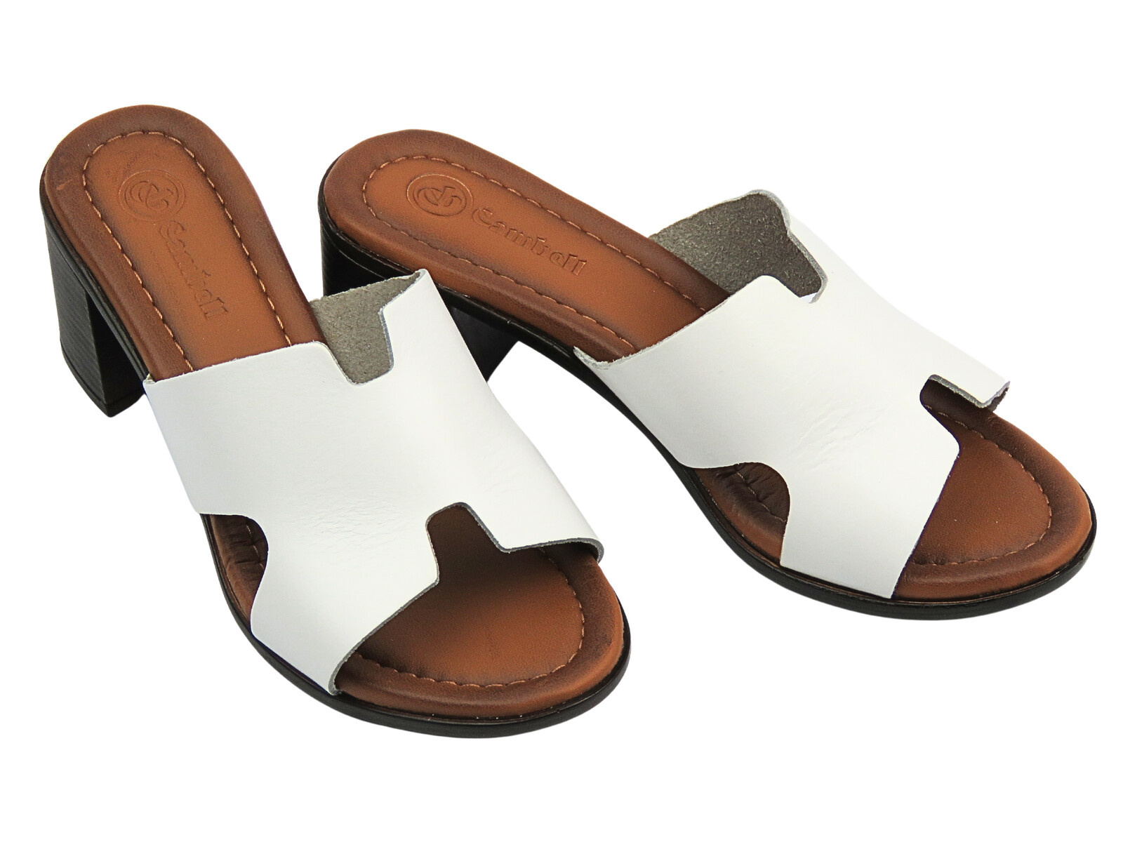 Klapki damskie na obcasie ze skóry naturalnej Olivia białe