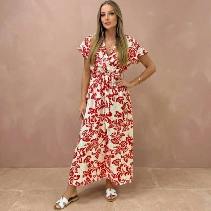 Sukienka Maxi Kwiatowa Kopertowa Letnia Wiązana w Talii Czerwona