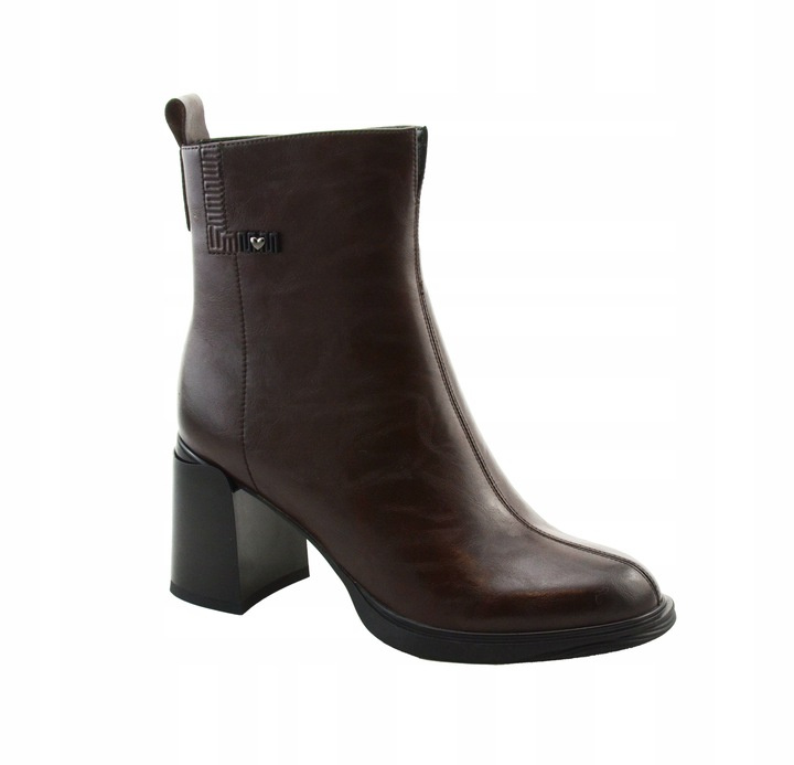 Botki damskie  skórzane na obcasie ocieplane  brązowe