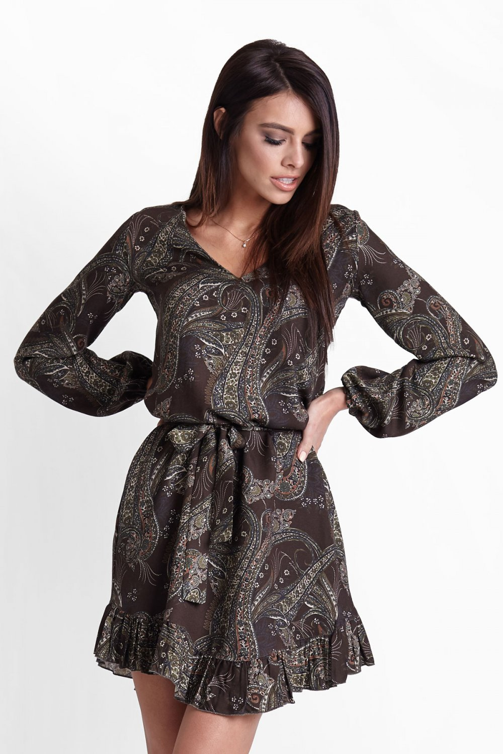  Masha W Stylu Boho Khaki Mini Sukienka Rozkloszowana Z Falbanką
