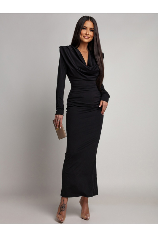 Elegancka Maxi Sukienka  z marszczeniem Misty z długim rękawem czarna