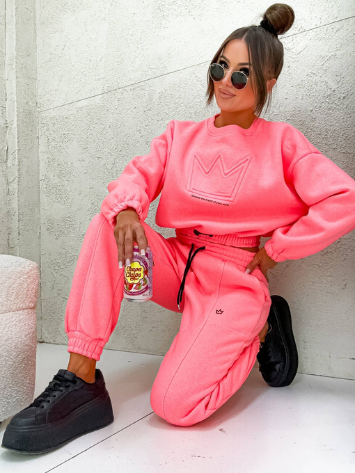 Komplet dresowy bluza + spodnie z naszywką korony -koral