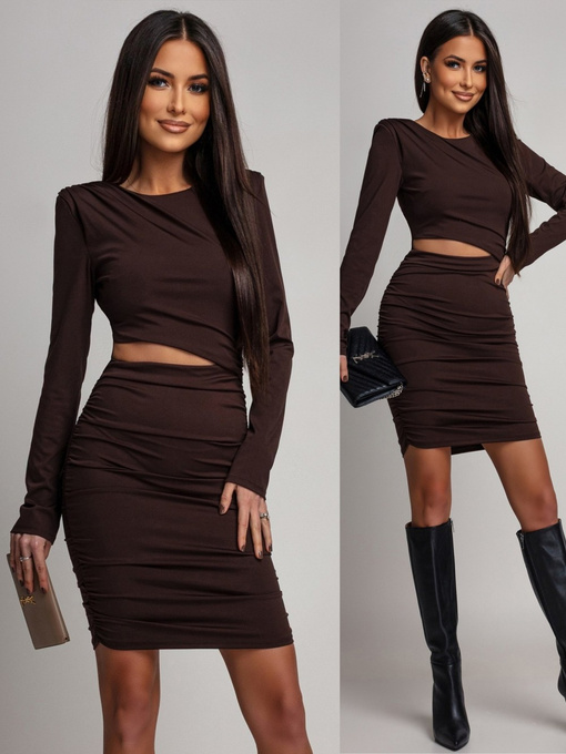Dopasowana mini Sukienka z długim rękawem Charm czekoladowy