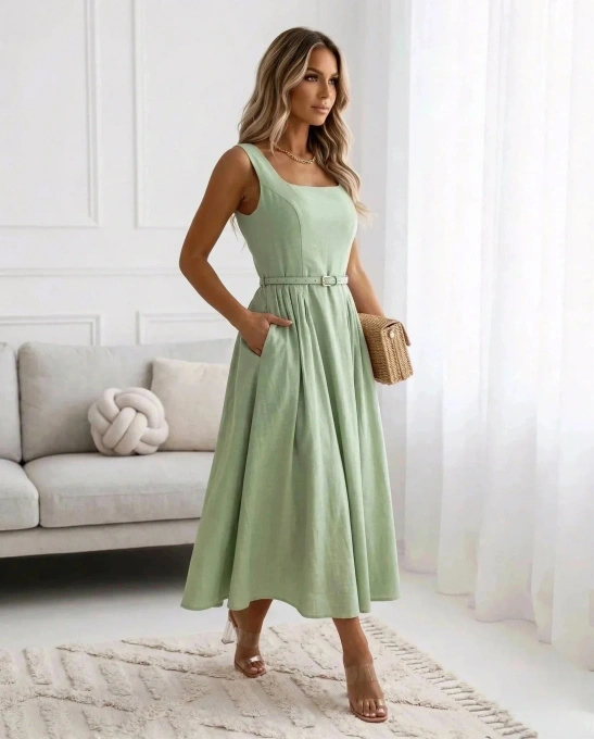 Sukienka Maxi Letnia Elegancka na Ramiączkach z Paskiem Bawełniana Rozkloszowana Wesele Chrzciny