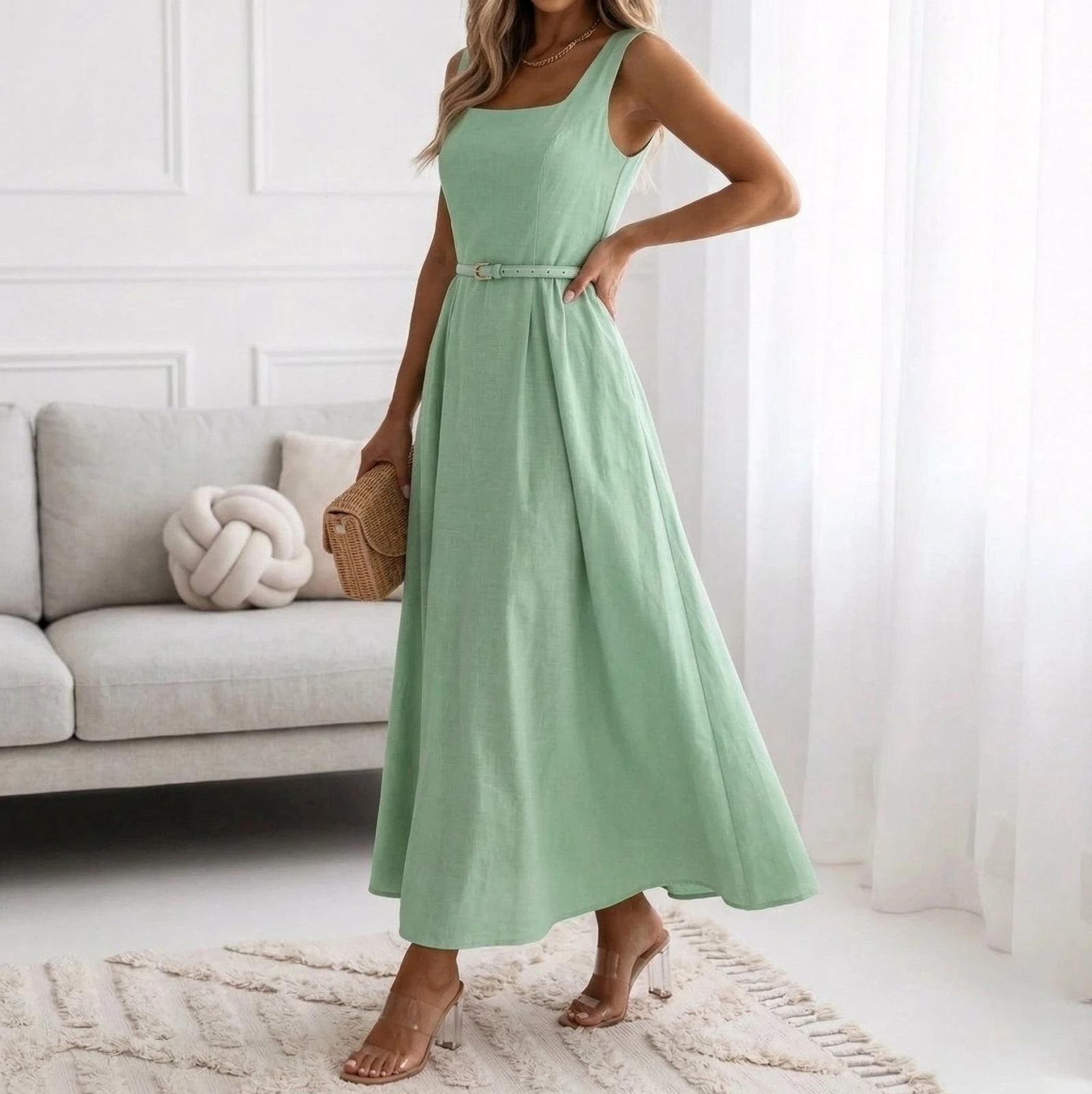 Sukienka Maxi Letnia Elegancka na Ramiączkach z Paskiem Bawełniana Rozkloszowana Wesele Chrzciny