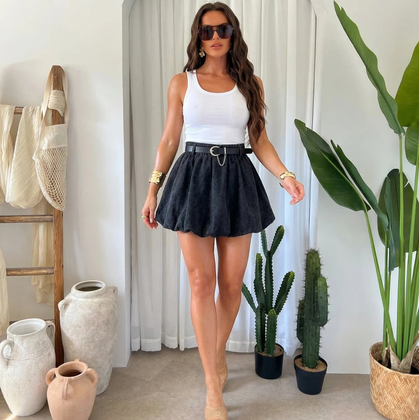 Spódnica balonowa jeansowa damska z paskiem modna mini