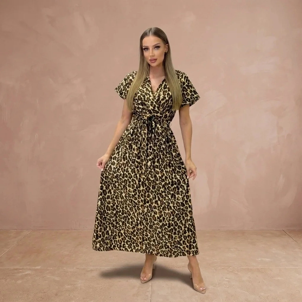Sukienka panterka maxi kopertowa damska z krótkim rękawem wiązana zwiewna letnia