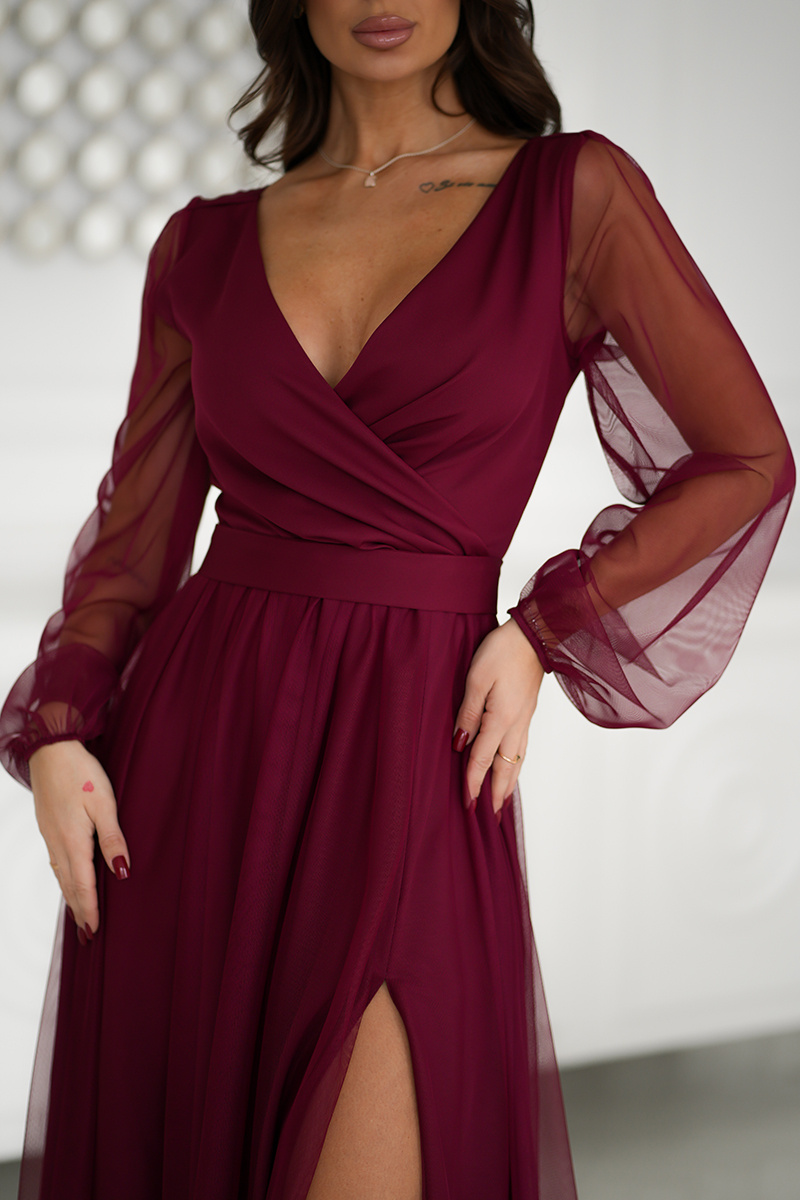 ELEGANCKA SUKIENKA MAXI  W Z DŁUGIM RĘKAWEM- bordowy
