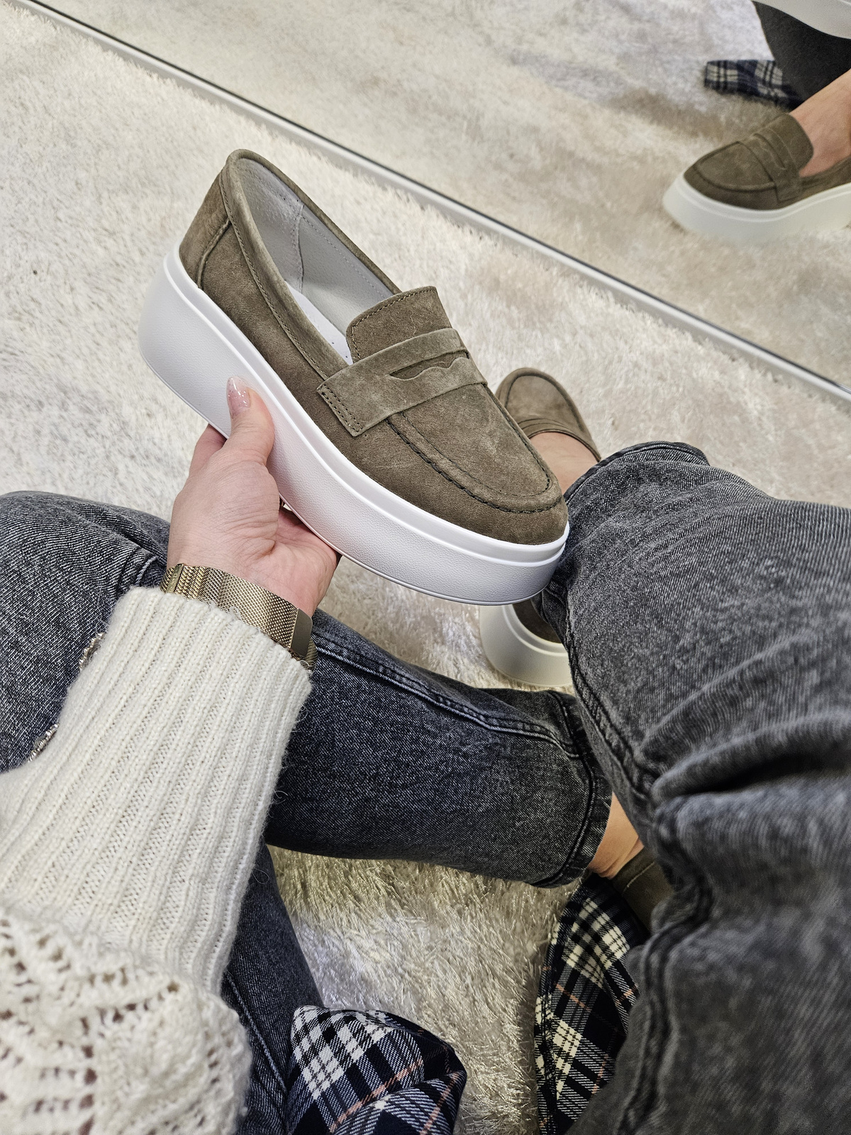 Mokasyny damskie na platformie ze skóry naturalnej khaki