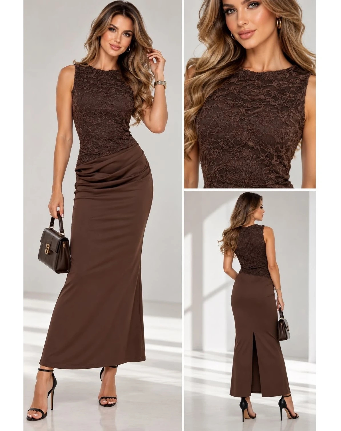 Elegancka sukienka maxi koronkowa rybka brązowa bez rękawów na wesele Aurorra