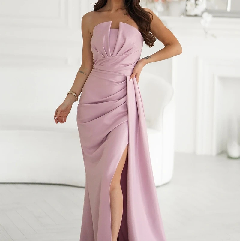 Sukienka Wieczorowa Maxi Różowa Brokatowa z Rozcięciem Wesele Studniówka Sylwester