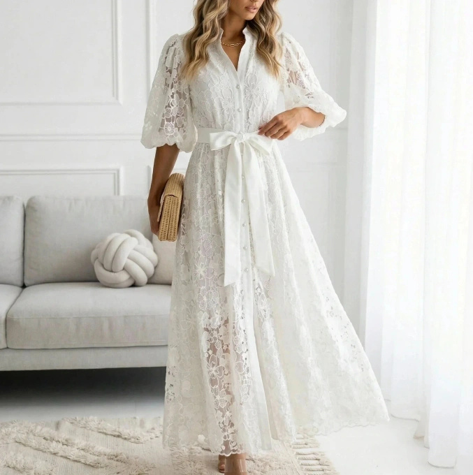 Sukienka koronkowa biała maxi wesele bufki elegancka wiązana DEDUCE