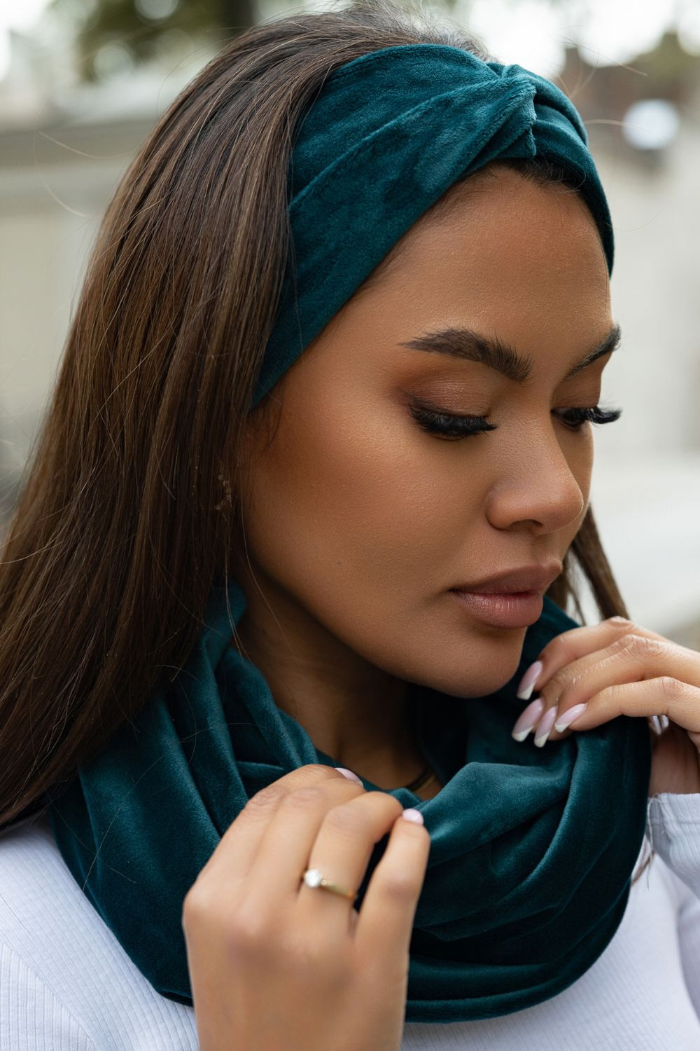 Zielony Welurowy Komplet Opaska I Komin