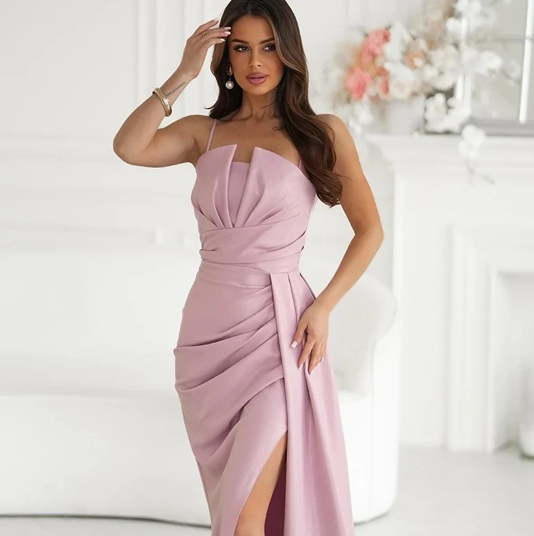 Sukienka Wieczorowa Maxi Różowa Brokatowa z Rozcięciem Wesele Studniówka Sylwester