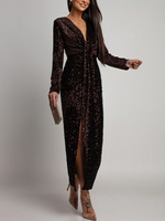 Elegancka Maxi Sukienka Cekinowa Wiola z długim rękawem czekoladowa