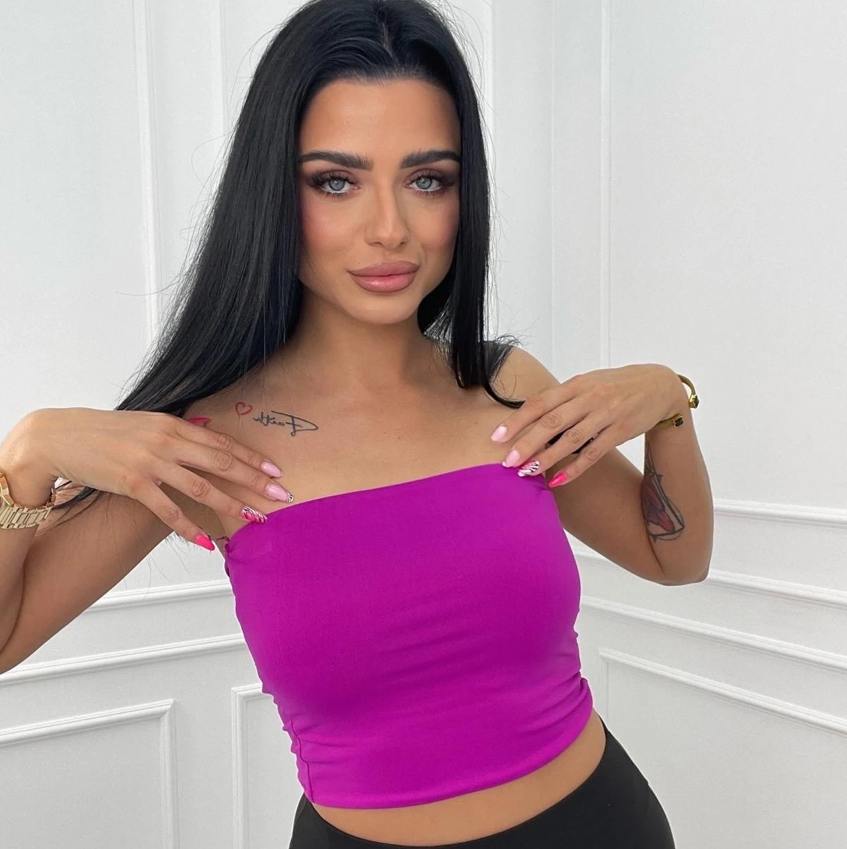 Top opaska damski elastyczny bez ramiączek crop top bandeau fuksja