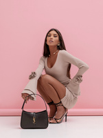 Elegancka Sukienka VENEZIA z różami i długim rękawem beżowy