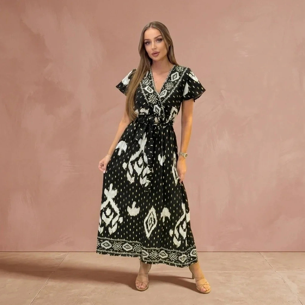 Sukienka Maxi Boho Etniczny Wzór Letnia Wiązana w Talii Czarna