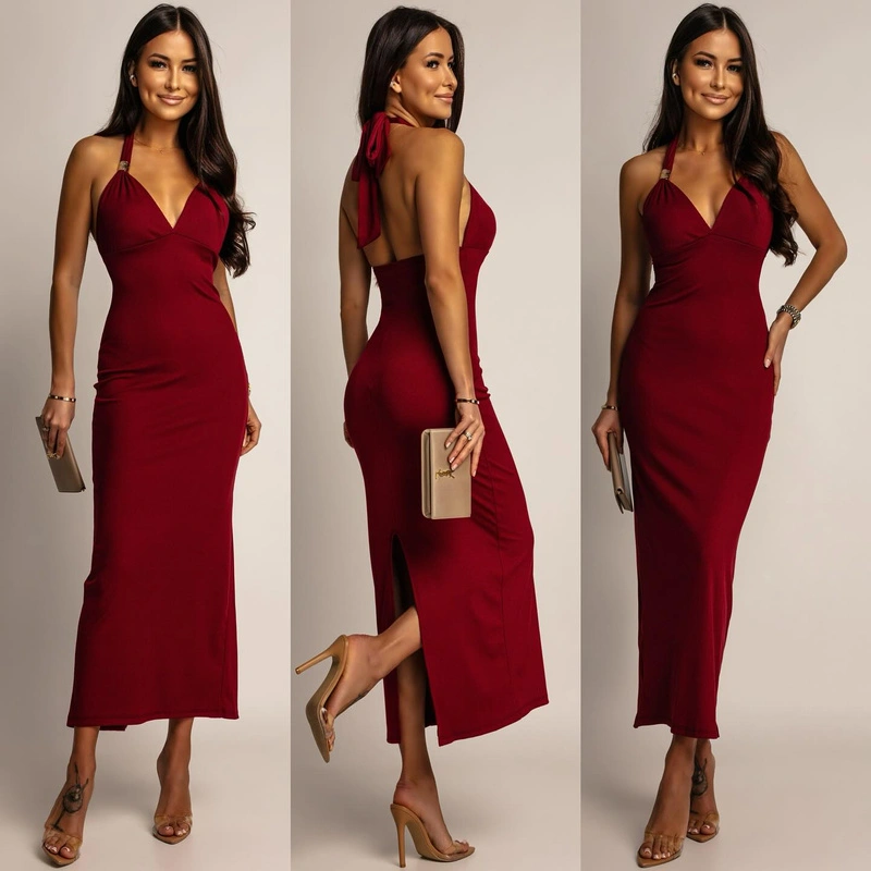 PRĄŻKOWANA SUKIENKA MIDI KAMILA bordowa