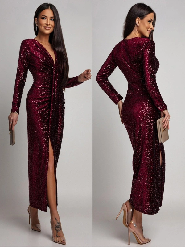 Elegancka Maxi Sukienka Cekinowa Wiola z długim rękawem bordowa