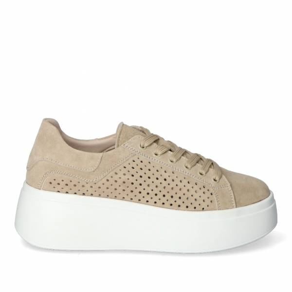 Beżowe skórzaneażurowe  półbuty damskie na platformie