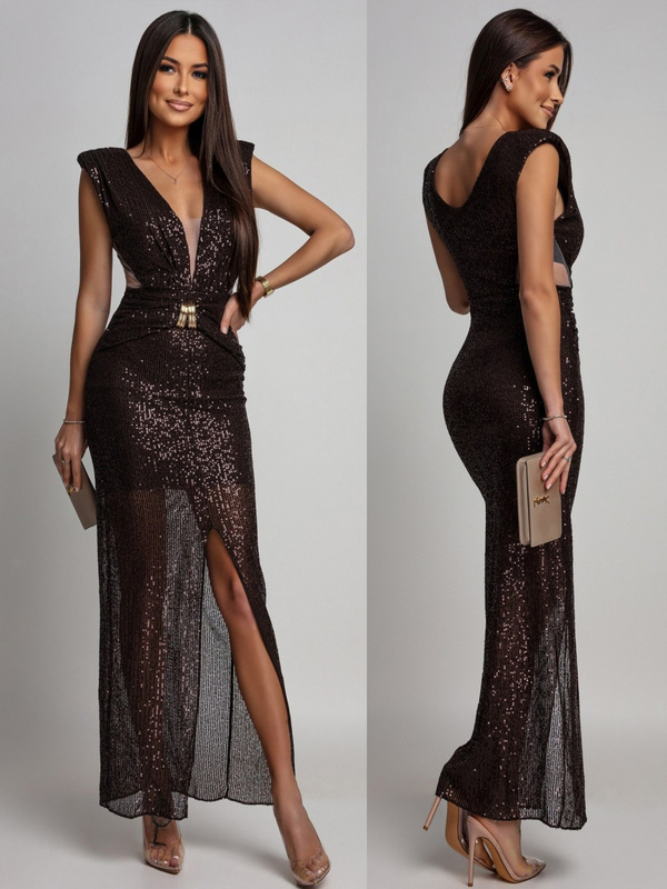 CEKINOWA SUKIENKA MAXI Z BIŻUTERYJNYM ZDOBIENIEM Zuzanna  czekoladowa