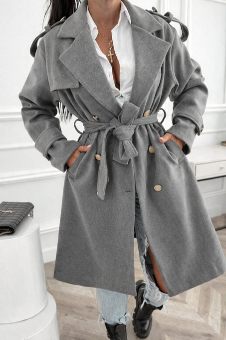 Klasyczne Wiązany Płaszcz Damski Coco - szary
