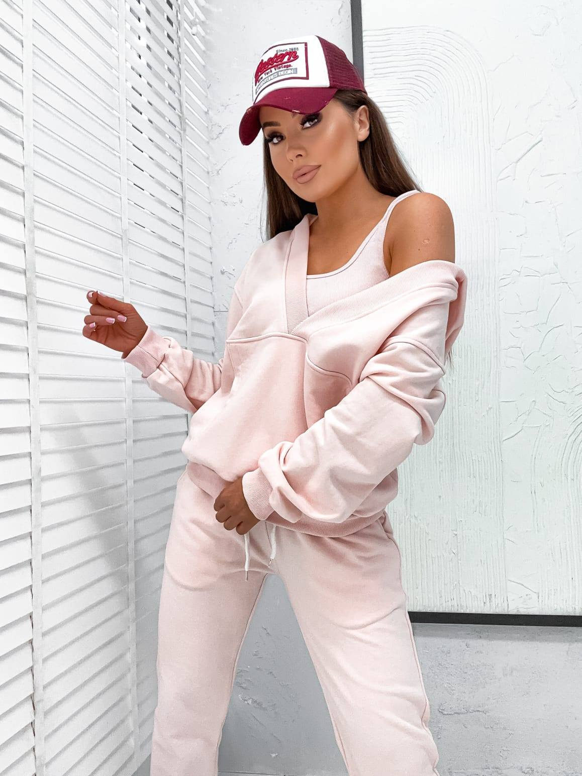Komplet dresowy set +top bluza z kapturem i spodnie różowy